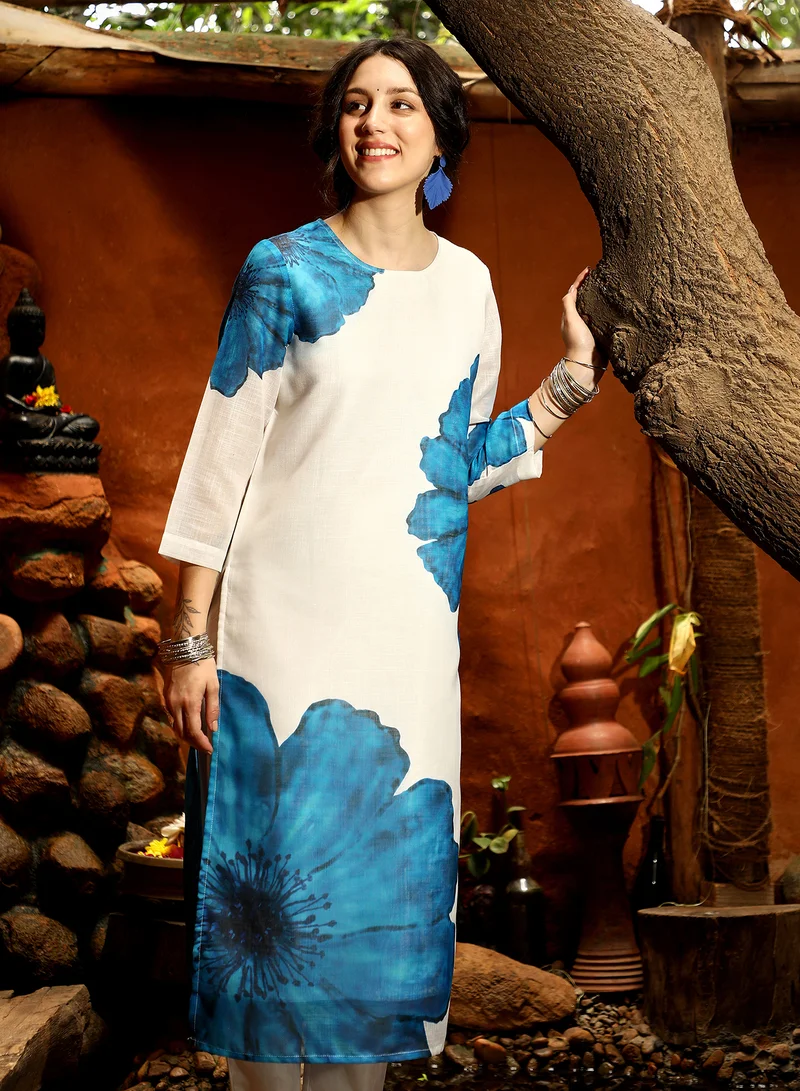 Qissa  Women's Royal Blue Primrose Flora Kurta With Trousers For Casual Wear | Round Neck | Quarter Sleeves | 2 Piece Kurta Set Designed With Comfort Fit For Everyday Ethnic Wear for Women | Best Price UAE